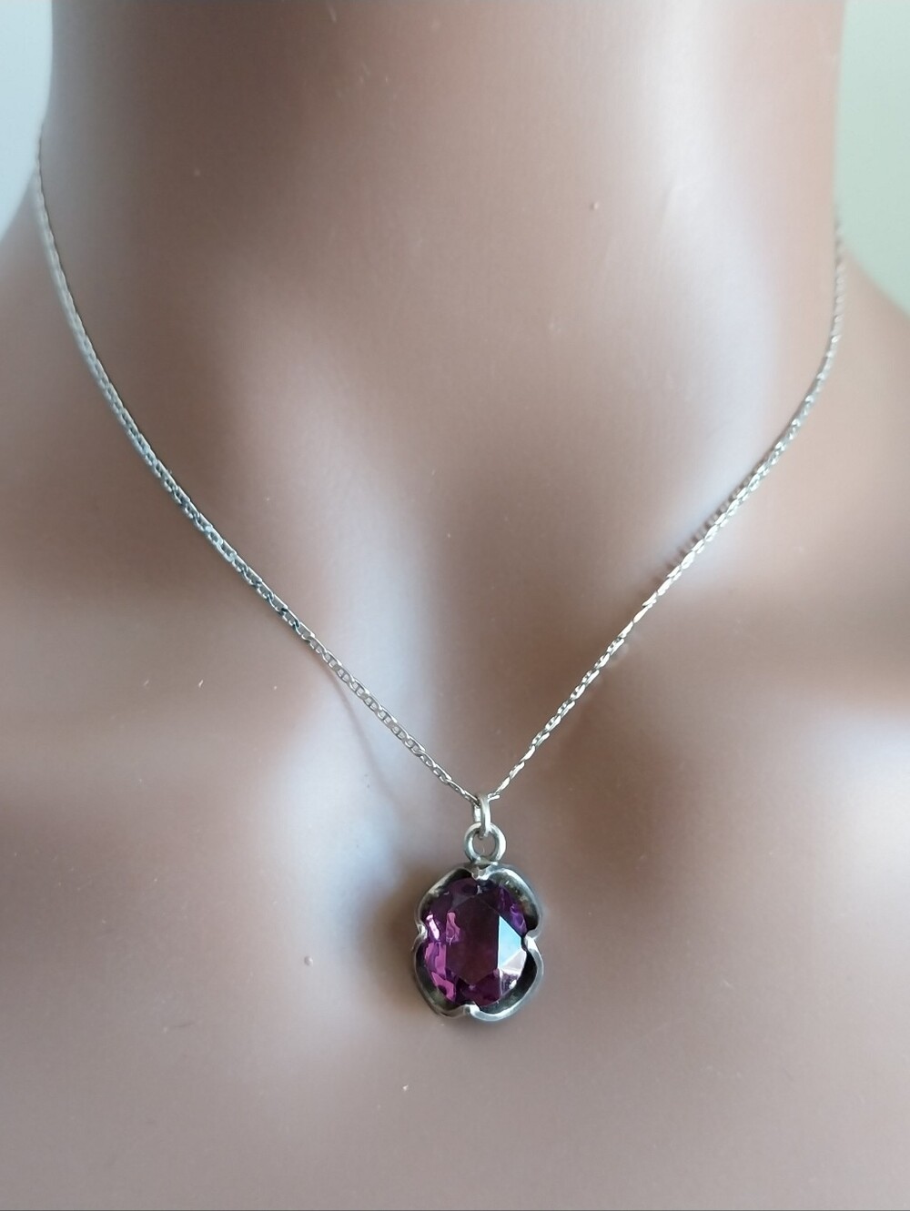 Vintage Silver Necklace with Deep Purple Gem Pendant